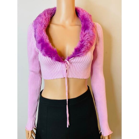 Urban Outfitters Ribbed Cropped Cardigan Faux Fur Tie Front Sweater size M NWT - Picture 4 of 11